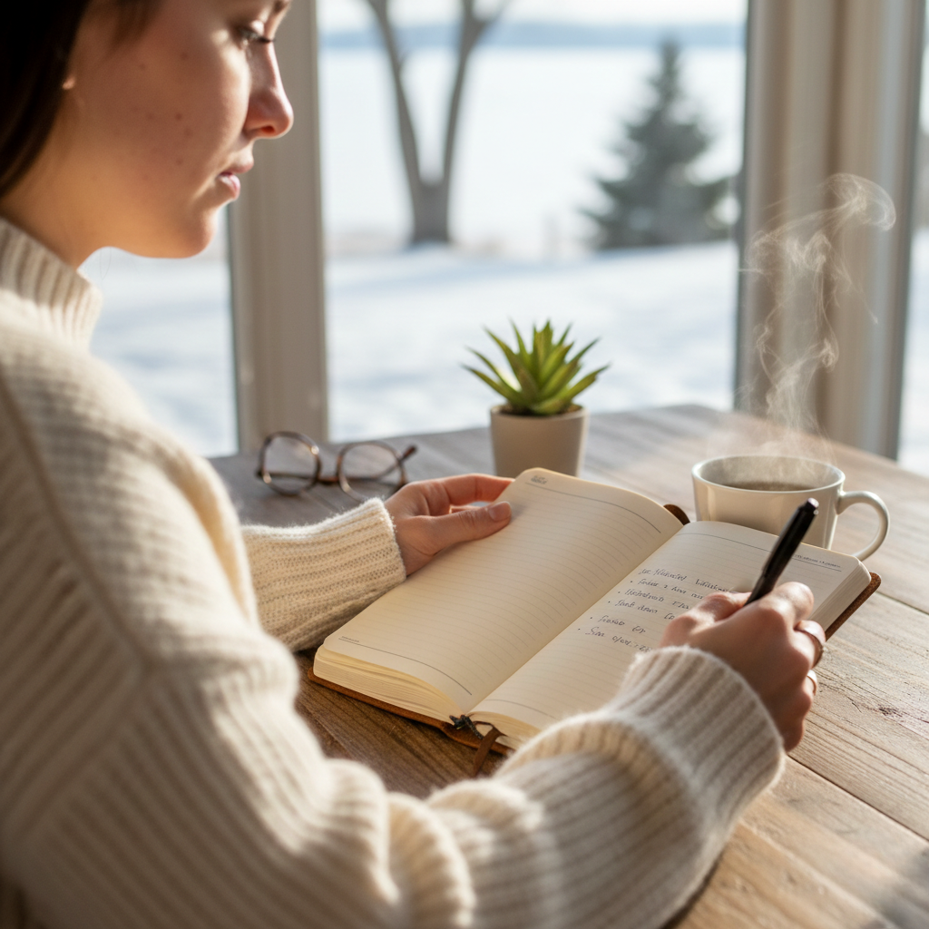 Woman journaling in Ontario home to heal from a friendship breakup.