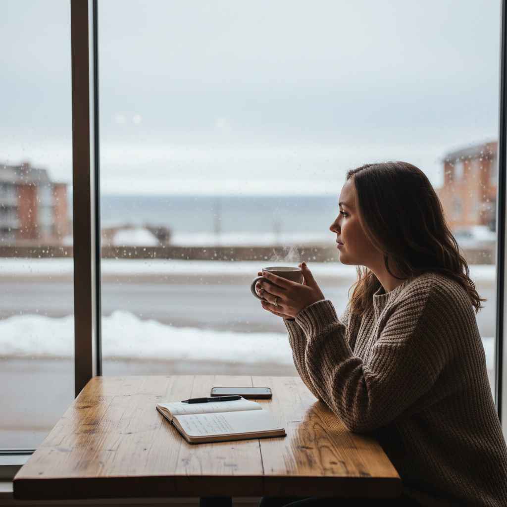 Woman reflecting in an Ontario cafe during a friendship breakup; mental health support for women