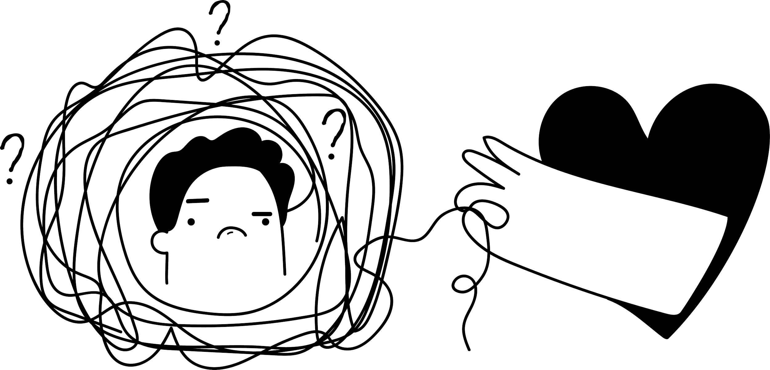 A line drawing of a sad girl with tangled hair, surrounded by question marks, holding a heart-shaped box with a ribbon.