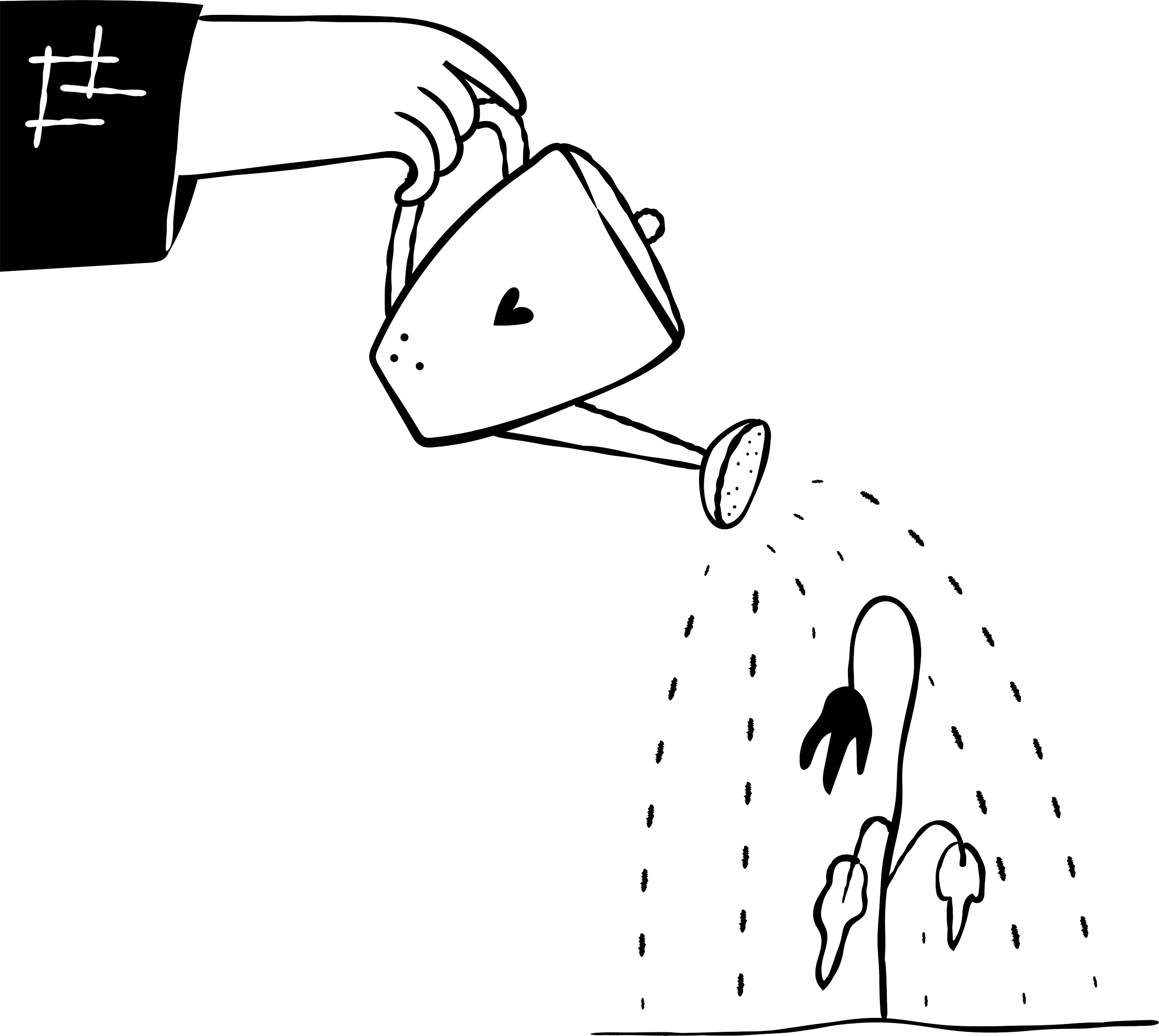 A simple black and white line drawing of a watering can pouring water onto a small wilted flower.
