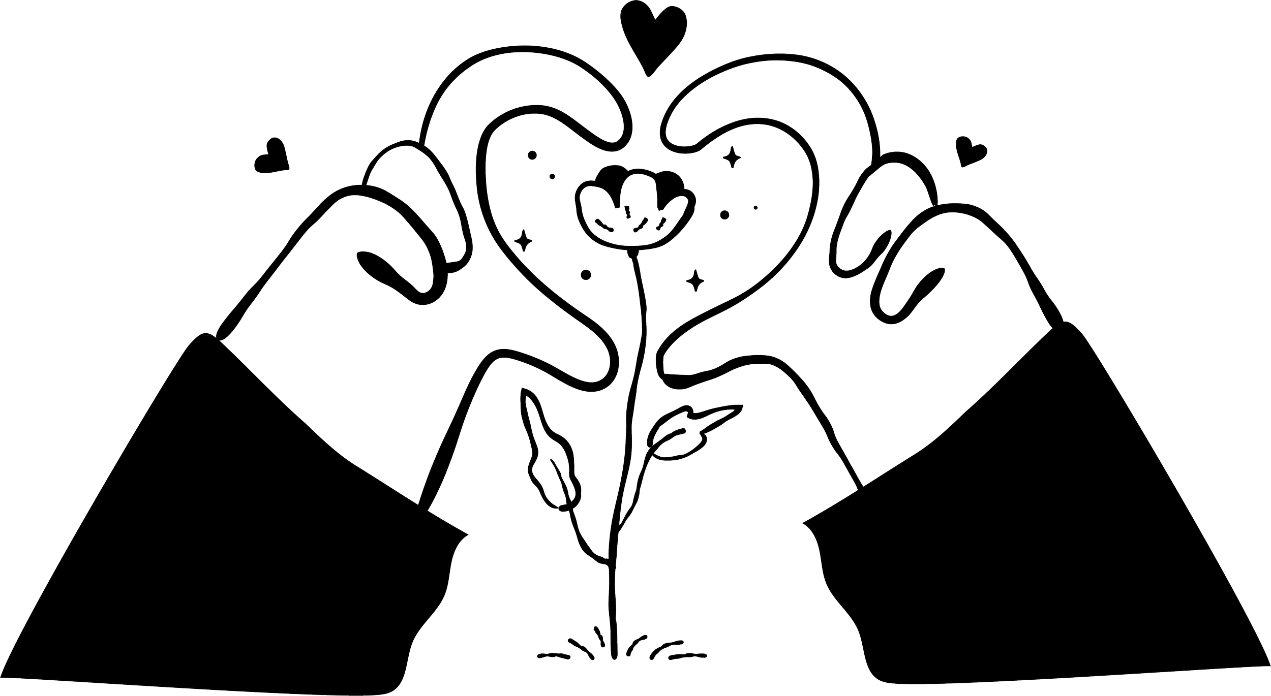 Line drawing of two hands forming a heart shape around a flower, with smaller hearts around and stars inside the heart.