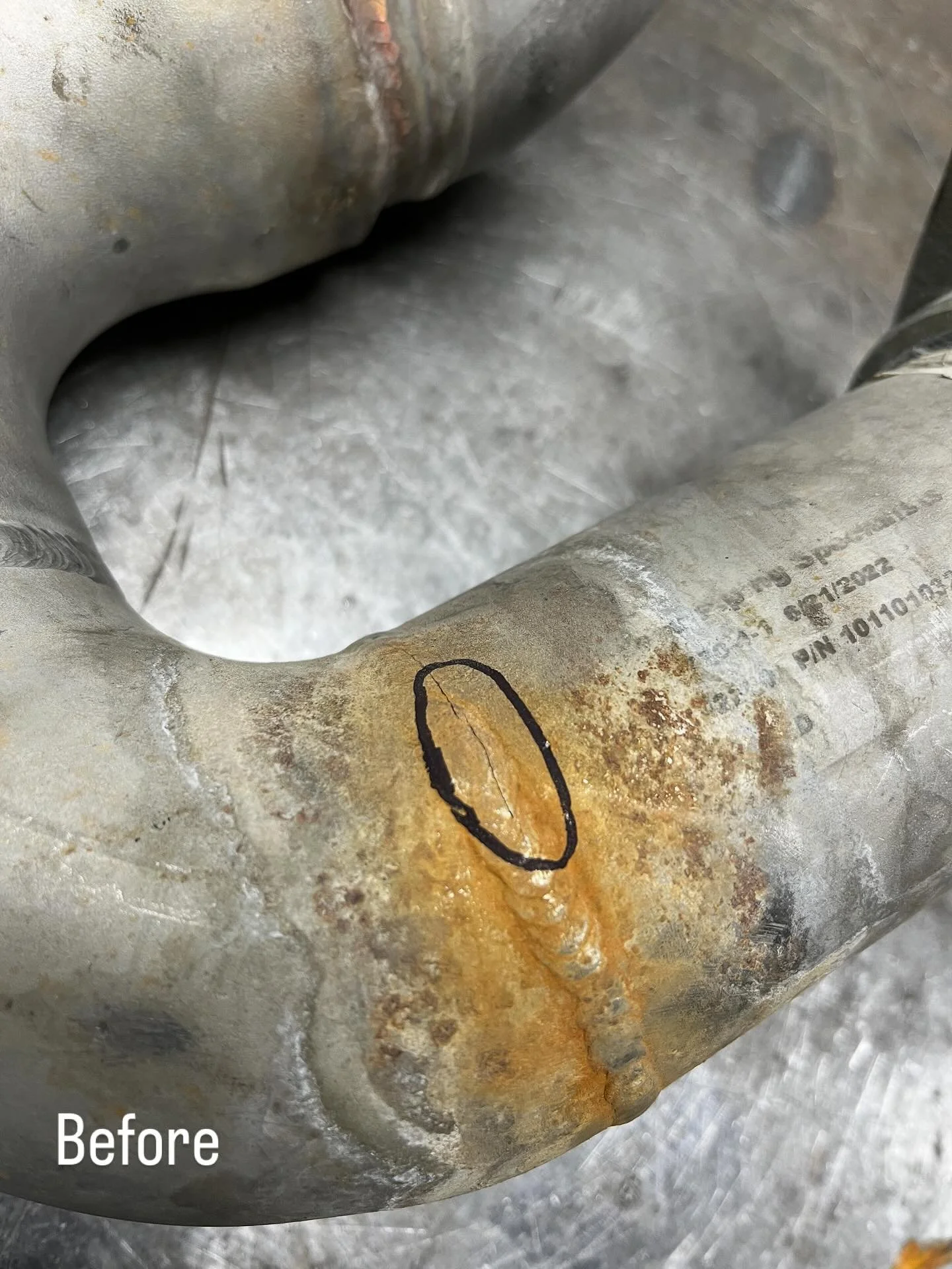 This came off a fire truck &mdash; a high-pressure fitting with a hidden crack right through the weld. Could&rsquo;ve just chased the crack, but I didn&rsquo;t like what I saw under it. Ground it clean, re-welded, pressure-safe again. Better to overd