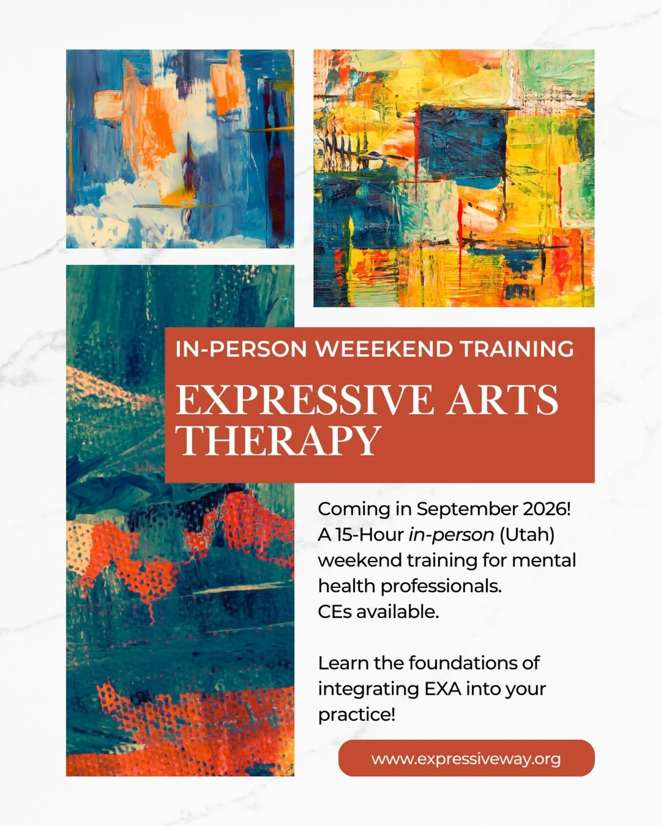 ✨ Coming in September 2026 ✨
We&rsquo;re excited to share an upcoming 15-hour in-person (Utah) weekend training in Expressive Arts Therapy, designed for mental health professionals seeking experiential, creative approaches to clinical work.
CEs avail