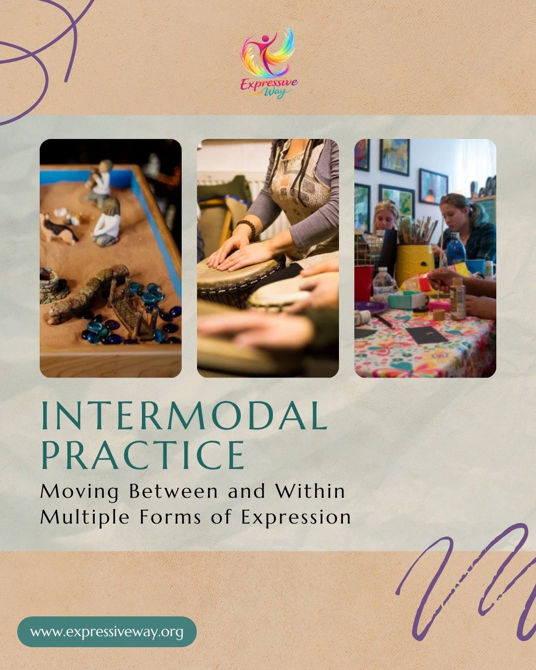 Intermodal practice means not staying in one medium.

You might start with:
&bull; sandtray
&bull; sound
&bull; image
&bull; song

And then notice where the process wants to go next.

Sometimes the practitioner guides the shift. Sometimes the client 