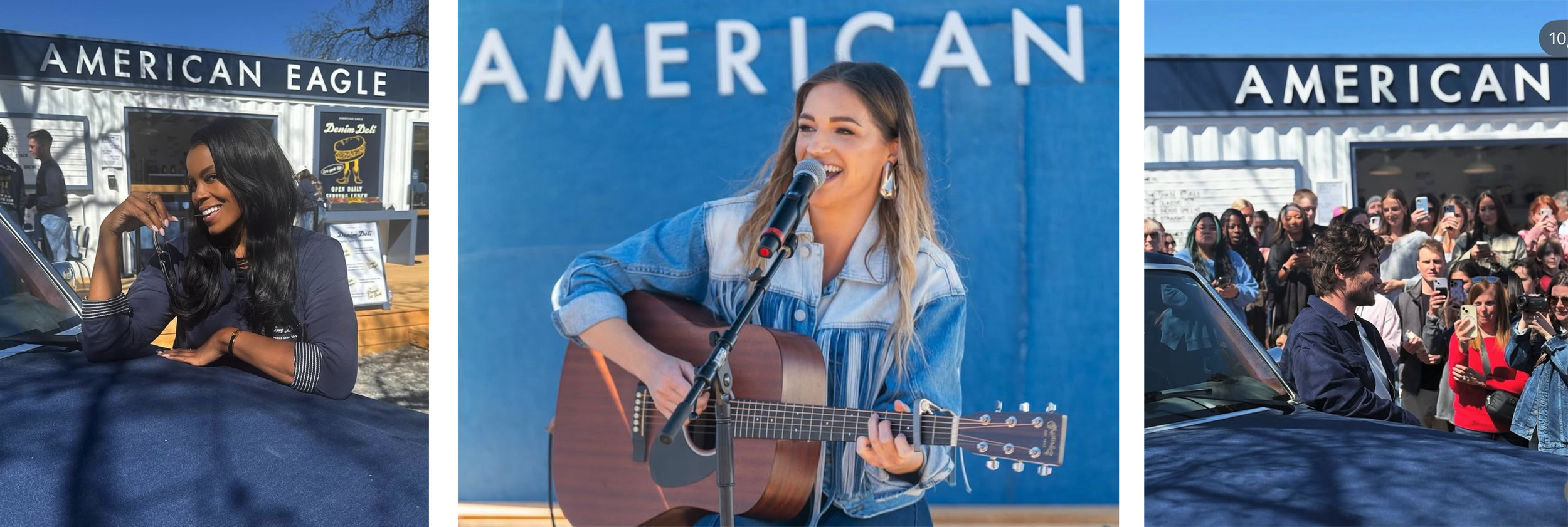 Three images of a public event at American Eagle store. The first shows a woman with long black hair smiling at a table outside the store. The second shows a woman with blonde hair playing an acoustic guitar and singing into a microphone on a stage with an American Eagle backdrop. The third shows a man with dark hair and a beard standing in front of an audience, which includes people taking photos with phones, outside the store with a car parked nearby.