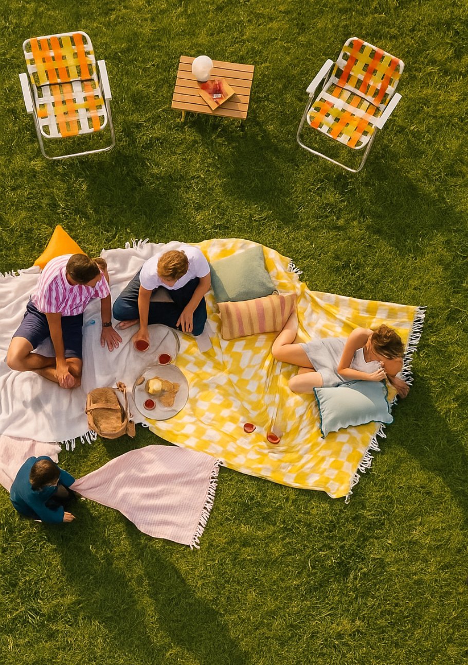 A group of people enjoying a picnic on a grassy field with colorful blankets and pillows. Two chairs with orange, yellow, and green woven seats are placed at the top, and a small wooden table with a drink and some snacks is in the center. A woman is lying on a pillow, resting her head on her arm. Two women are sitting on a blanket, sharing a tray of snacks and drinks, while a child is walking nearby.