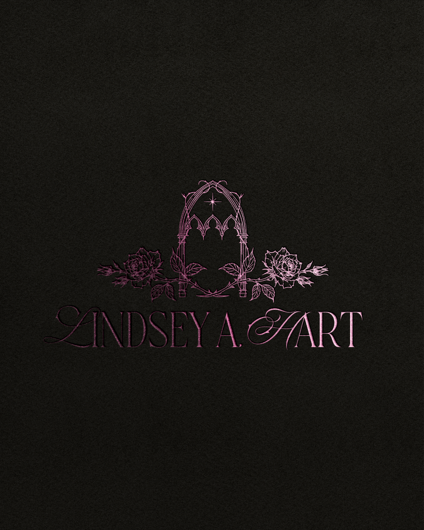 A black background with pink and lavender decorative text saying 'Lindsey A. Art' and a graphic of an ornate gothic arch with roses.