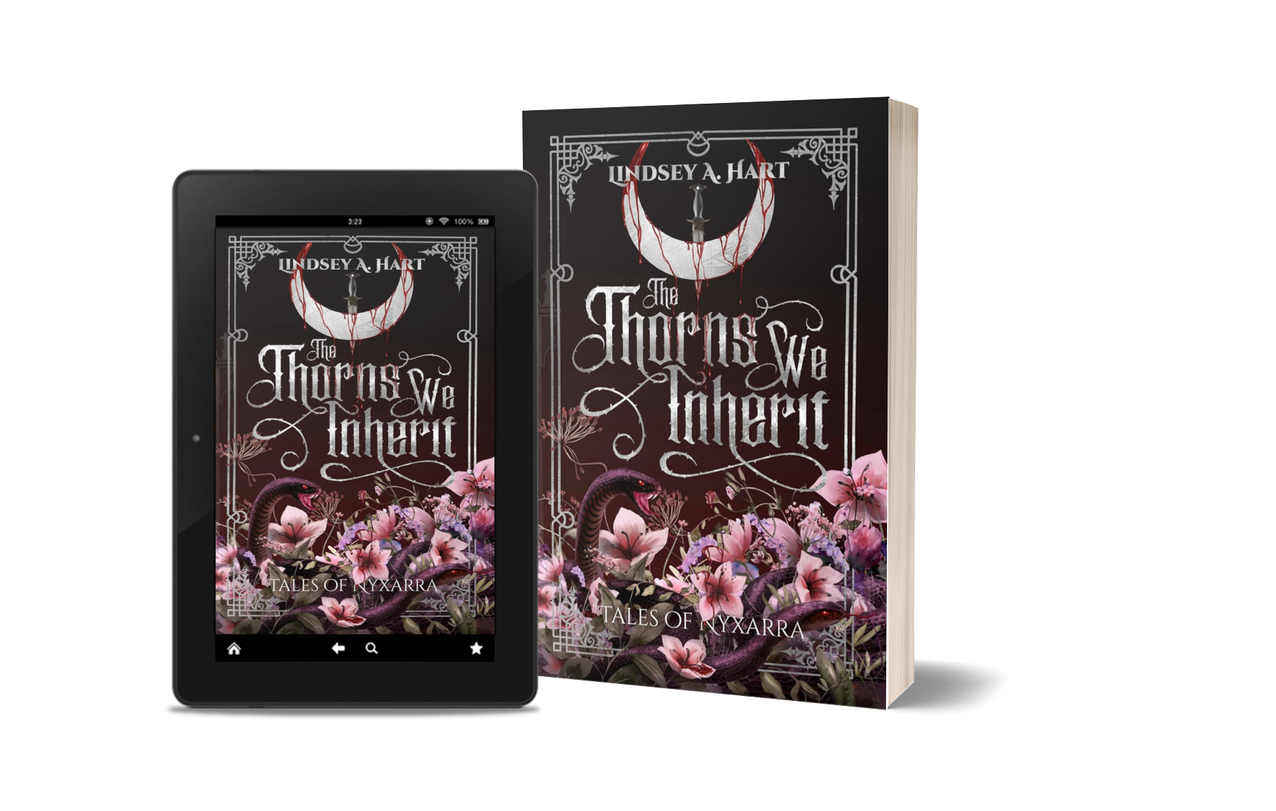 A digital tablet and a hardcover book both display and feature the cover art of the novel "The Thorn's We Inherit" by Lindsey A. Hart, with dark background, pink flowers, a snake, and a crescent moon with a dagger.