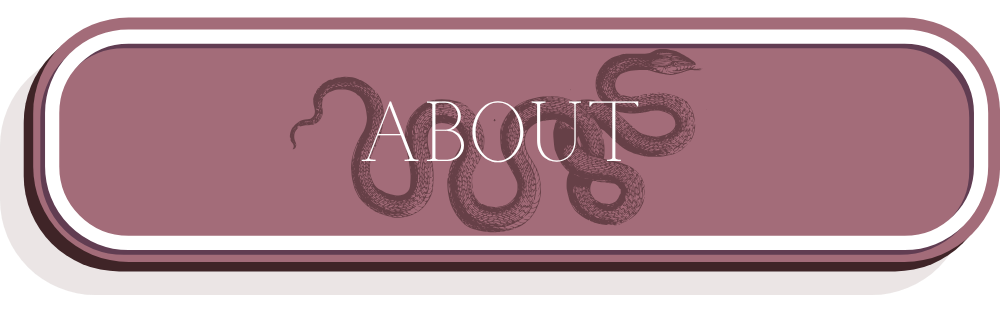A rounded rectangular button with a maroon background, white border, and white text that says 'ABOUT'. A black snake illustration is partially visible behind the text.