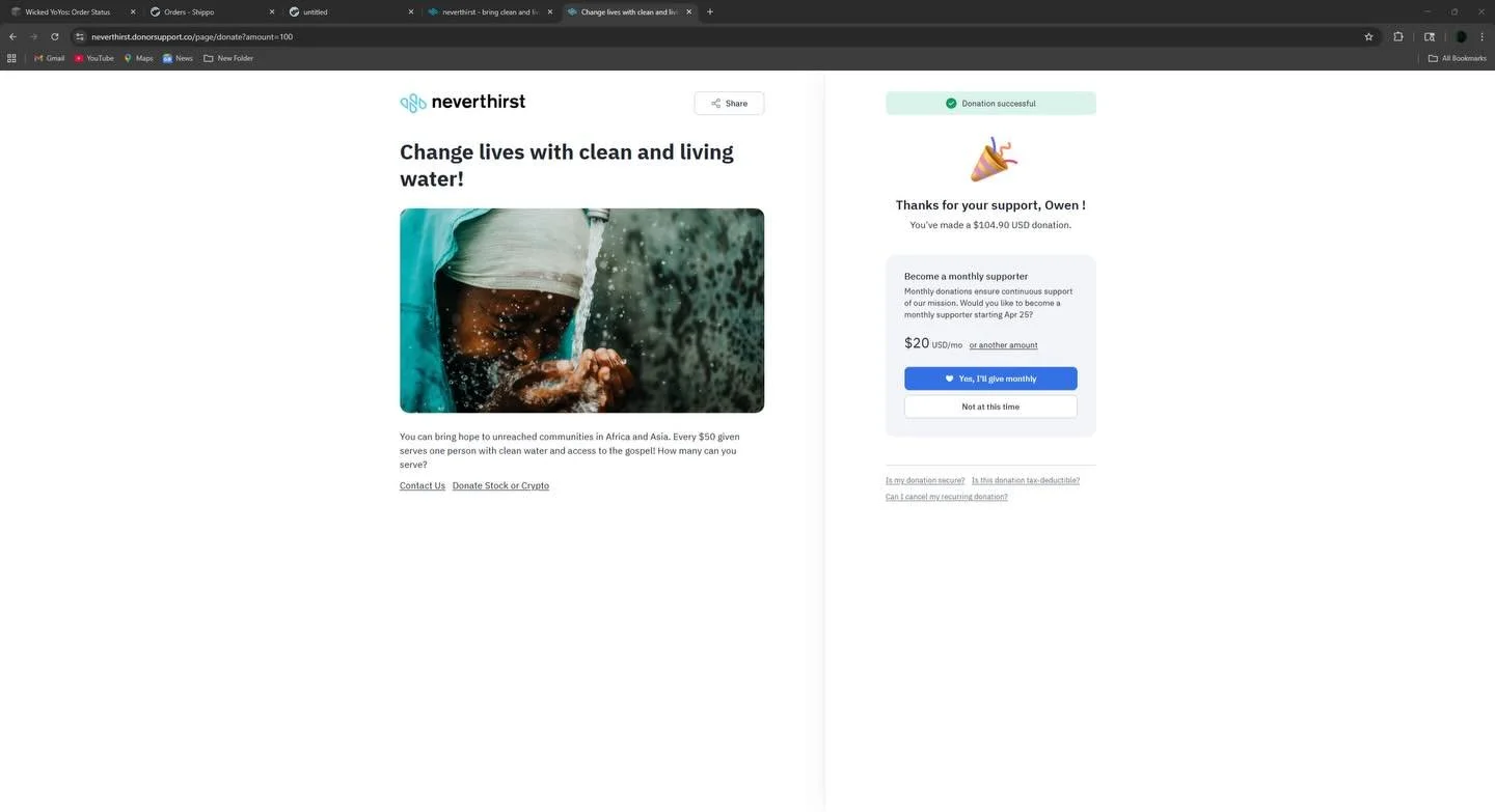 Thanks to you we have been able to donate $100 dollars already to @neverthirst_water to support their cause of bringing clean water to people in need!
