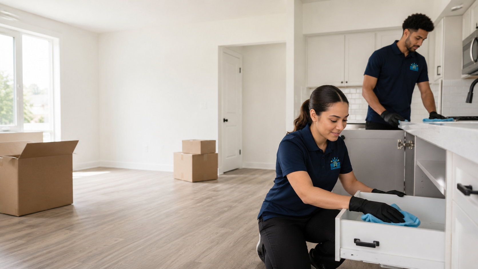 Professional cleaners completing a detailed move-in or move-out residential kitchen clean