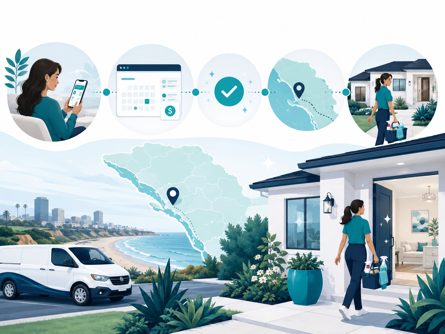 Illustration of a woman planning the process of buying a house, including steps like browsing on her phone, scheduling, confirming, and selecting a location in California, leading to her at a house's doorstep with cleaning supplies, overlooking a coastal city.