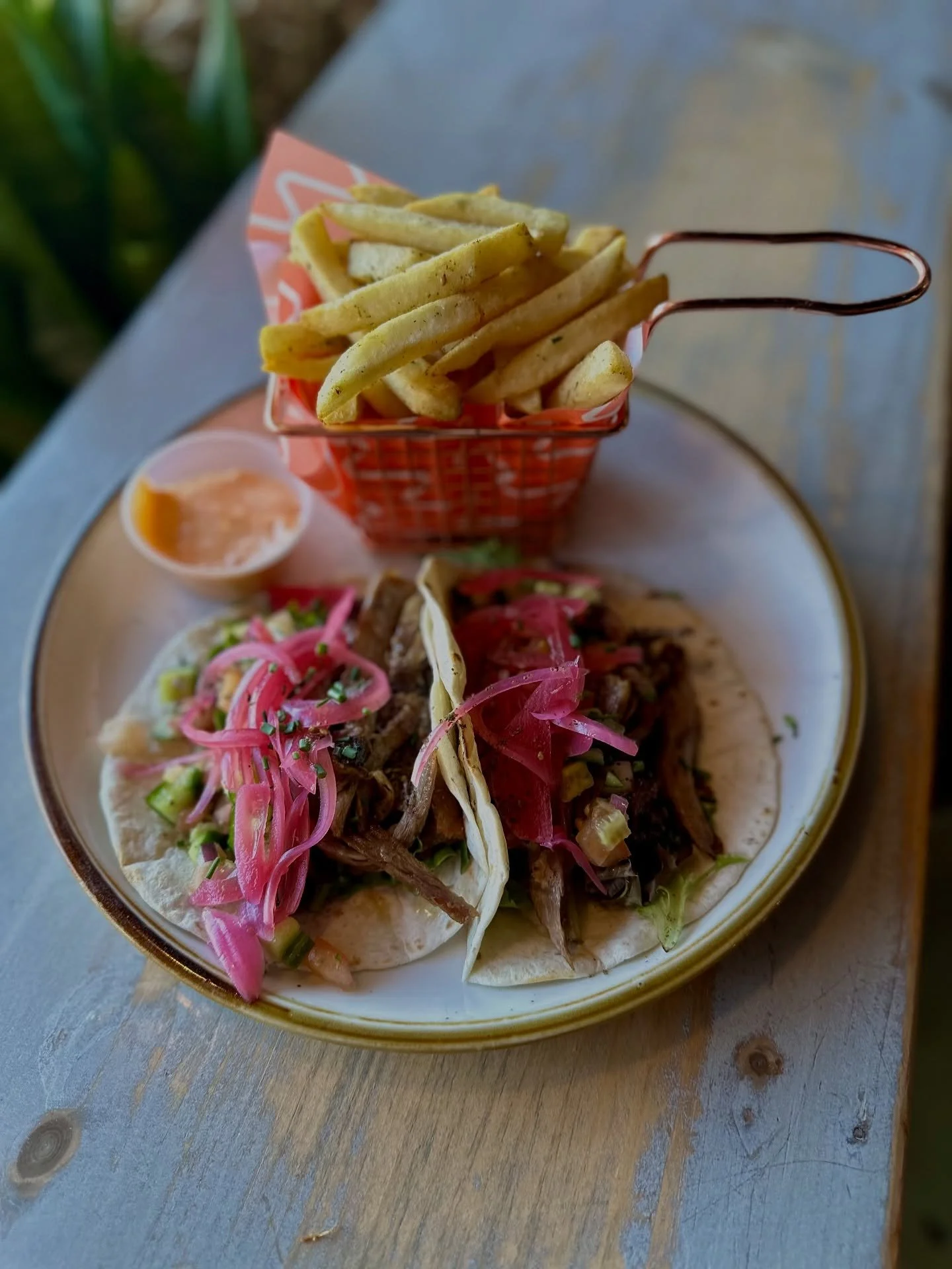 NEW ON THE MENU! Roasted Duck Tacos w/ pickled onions, Israeli salad &amp; harissa aioli along side fries or salad 🌮