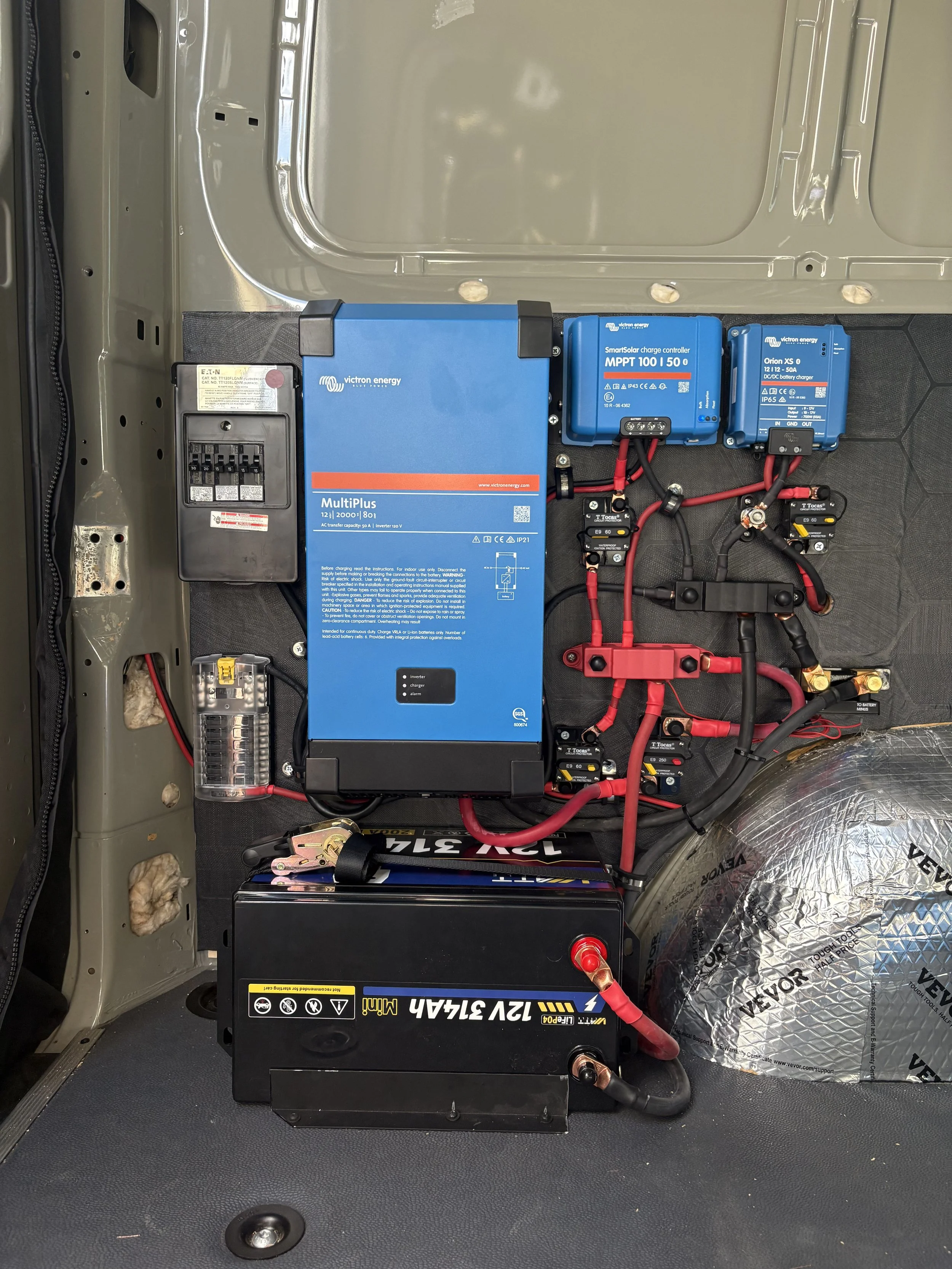 600W solar, 2000W inverter, 300Ah bank, shore and alternator charging, AC and DC distribution. Mercedes sprinter van