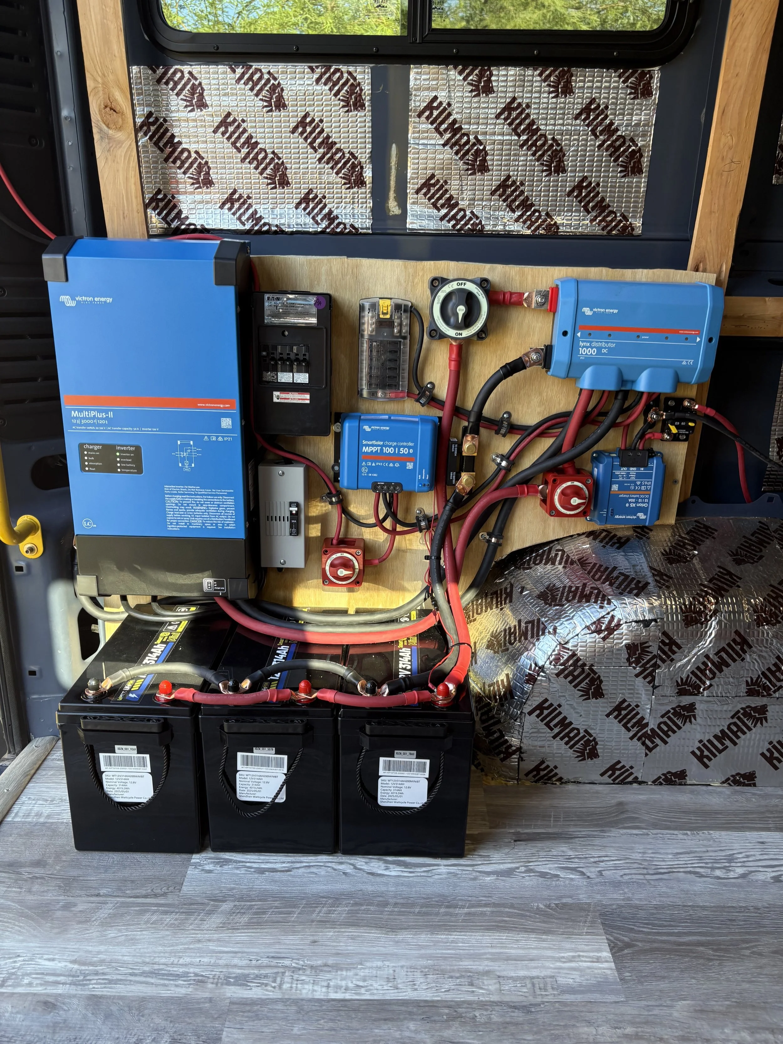 Full System on ProMaster Van. 3000W Inverter/Charger, Lynx Distribution, 600W Solar, Alternator and Shore Charging, Quick Disconnects on Solar, Inverter, and Distribution 