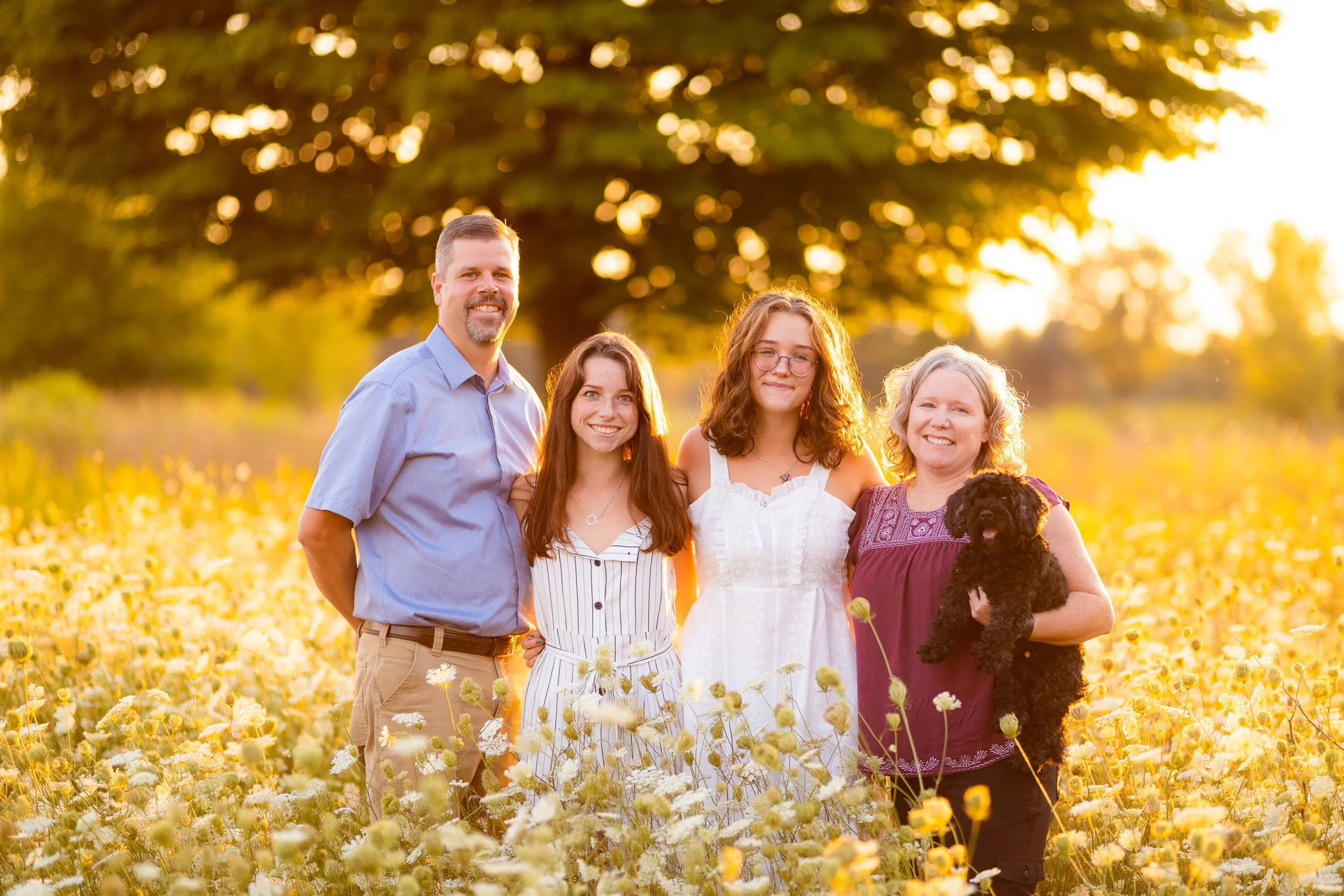 Family of four in soft golden light surrounded by wildflowers