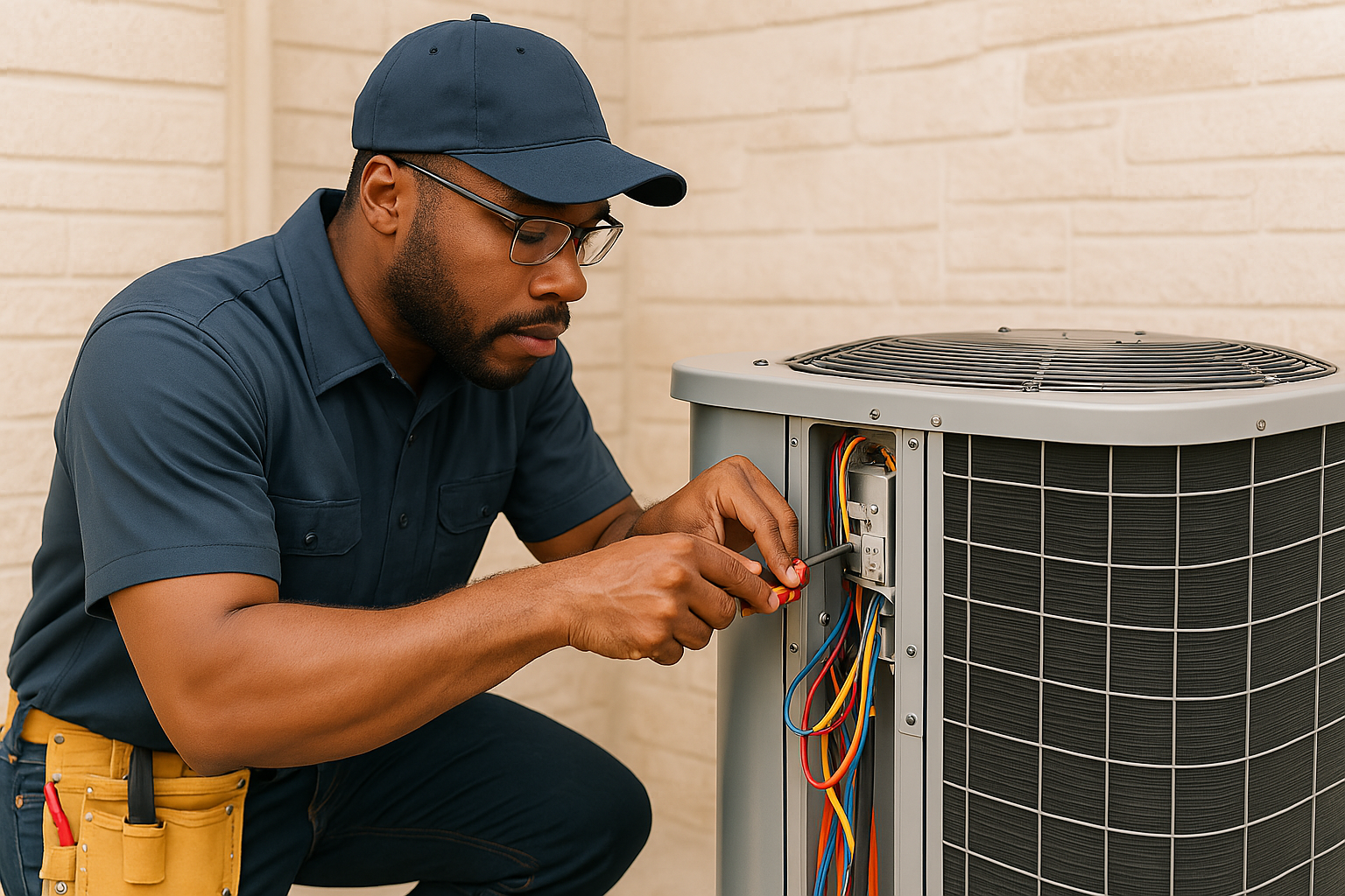 A technician working on an air conditioning unit, repairing or inspecting its internal wiring.