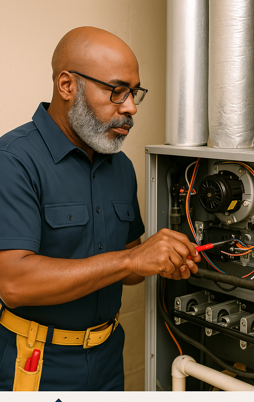A man wearing glasses and a navy blue shirt is inspecting and working on a furnace or HVAC system with exposed wires and components.