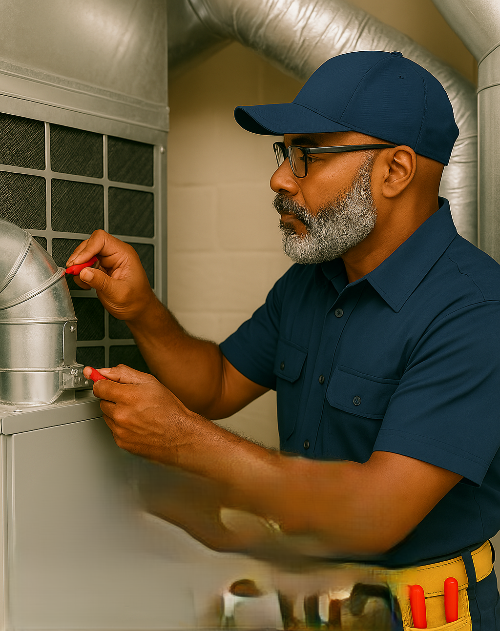 A technician wearing a navy blue uniform, baseball cap, and glasses performing maintenance on an HVAC system.
