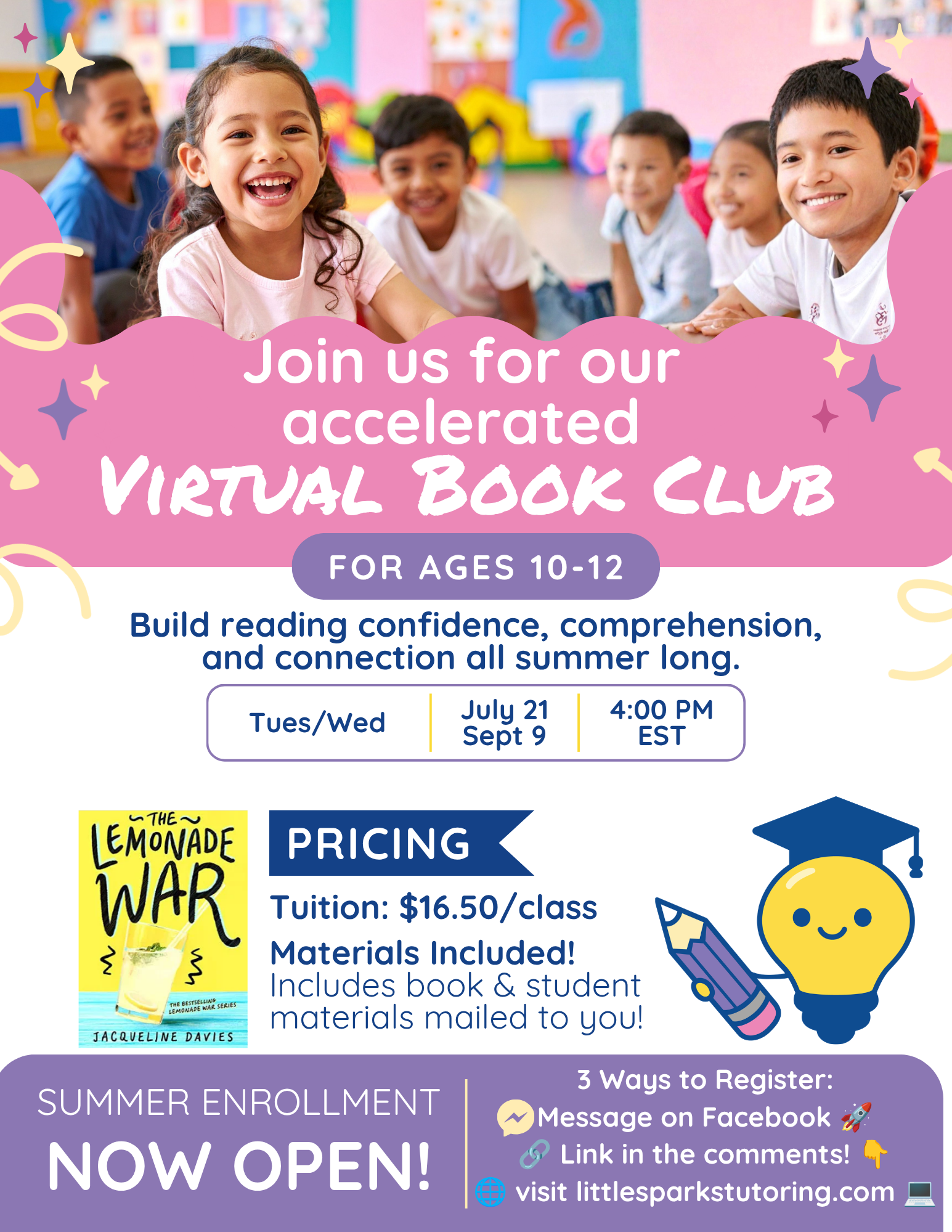 Colorful flyer announcing summer enrollment for a virtual book club for ages 10-12. Features smiling children, books, and writing materials, with information about registration methods, pricing, and materials included.