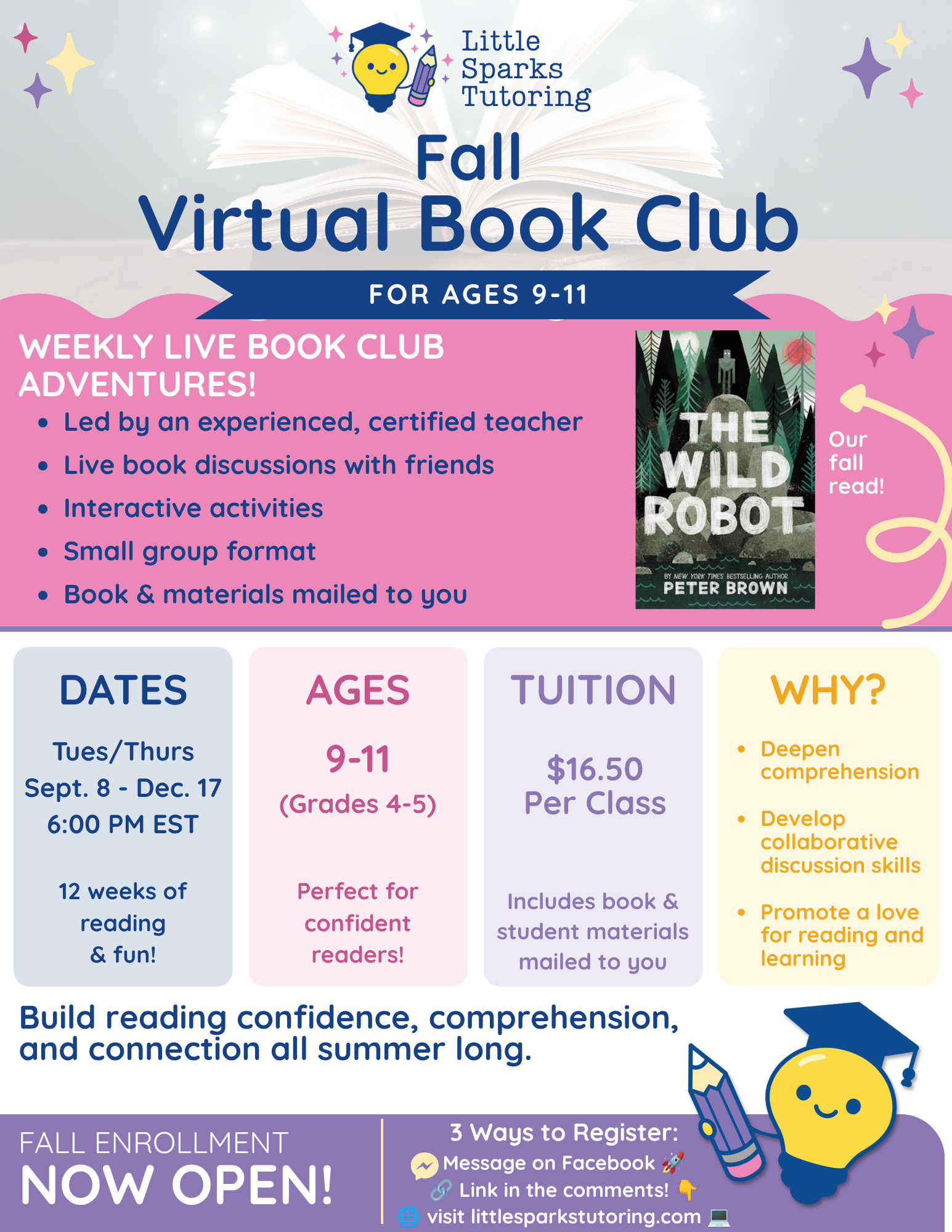 A colorful promotional flyer for the Little Sparks Tutoring Fall Virtual Book Club for ages 9-11, featuring book information, program details, and registration instructions, with a cute cartoon light bulb character holding a pencil and wearing a graduation cap.
