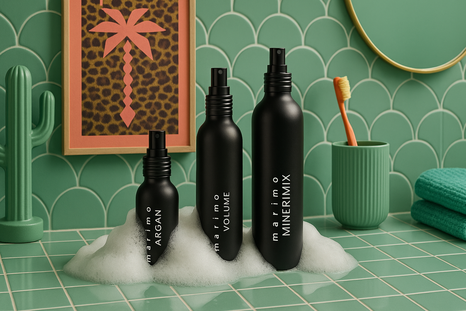 Set di tre spray di prodotti per capelli di varie dimensioni appoggiati su una superficie coperta di schiuma e sapone, con pareti verdi decorativi, asciugamani verdi, un portaspazzolino con spazzolino arancione, una cornice con immagine di una palma stilizzata e un grande specchio.