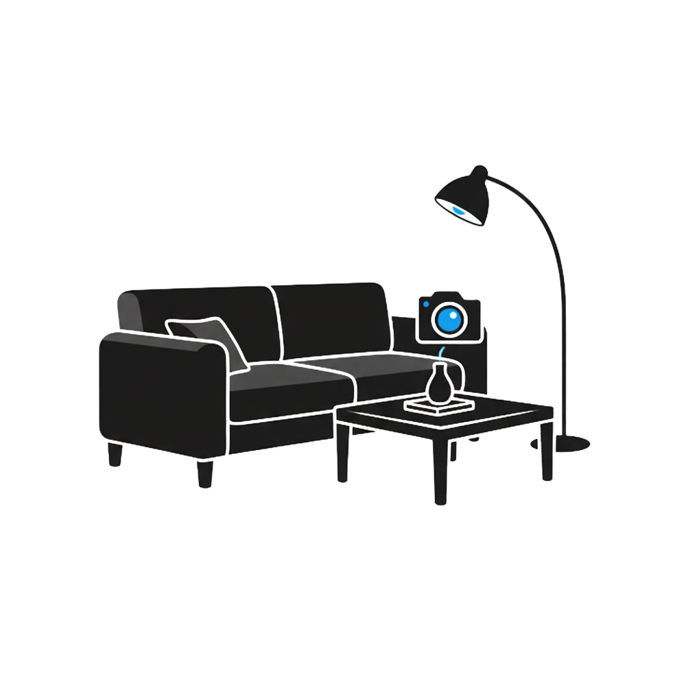 Digital drawing of a living room with a black couch, side table, floor lamp, and a camera on the wall.