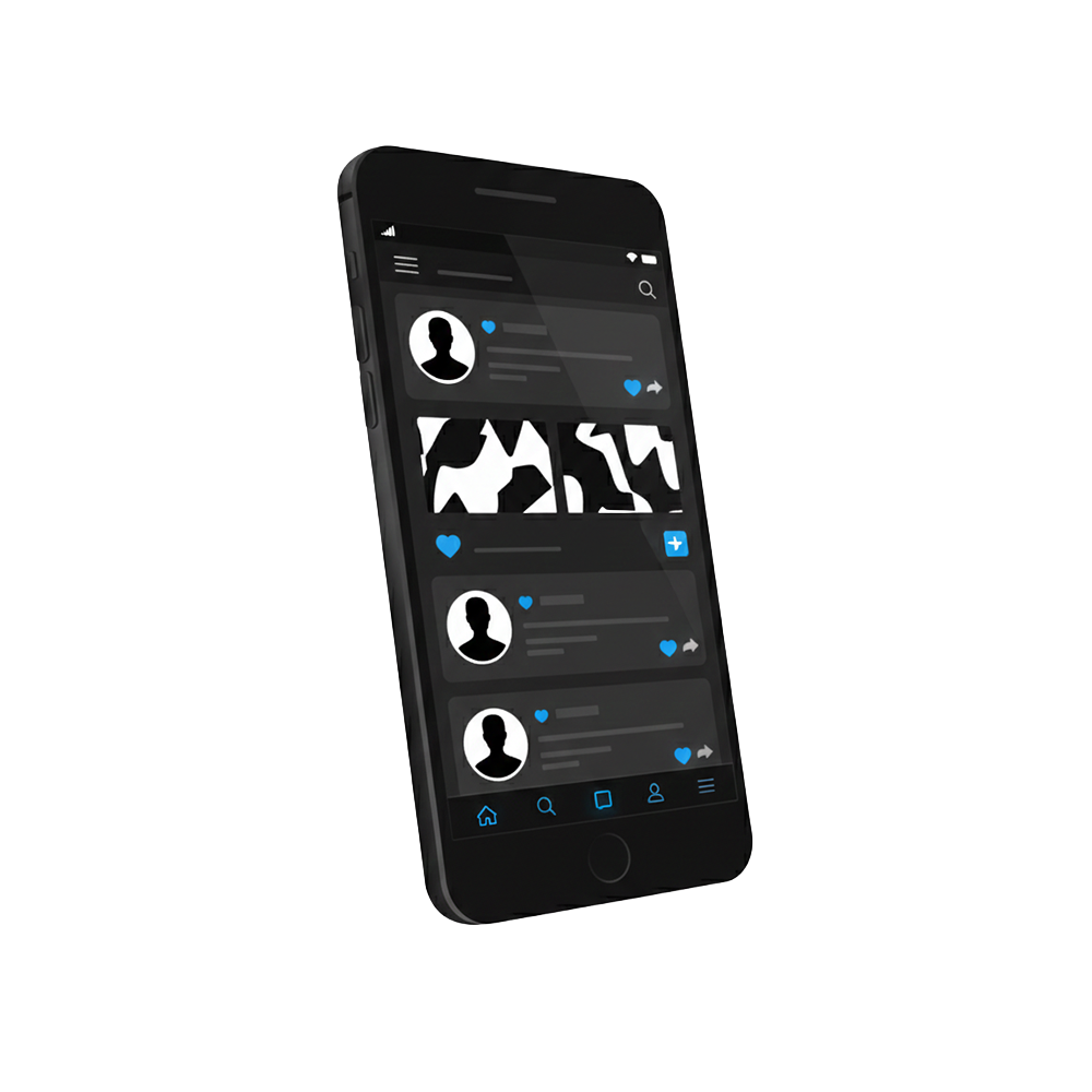 Smartphone displaying social media app with profile icons, posts, and icons for home, search, notifications, and profile at the bottom.