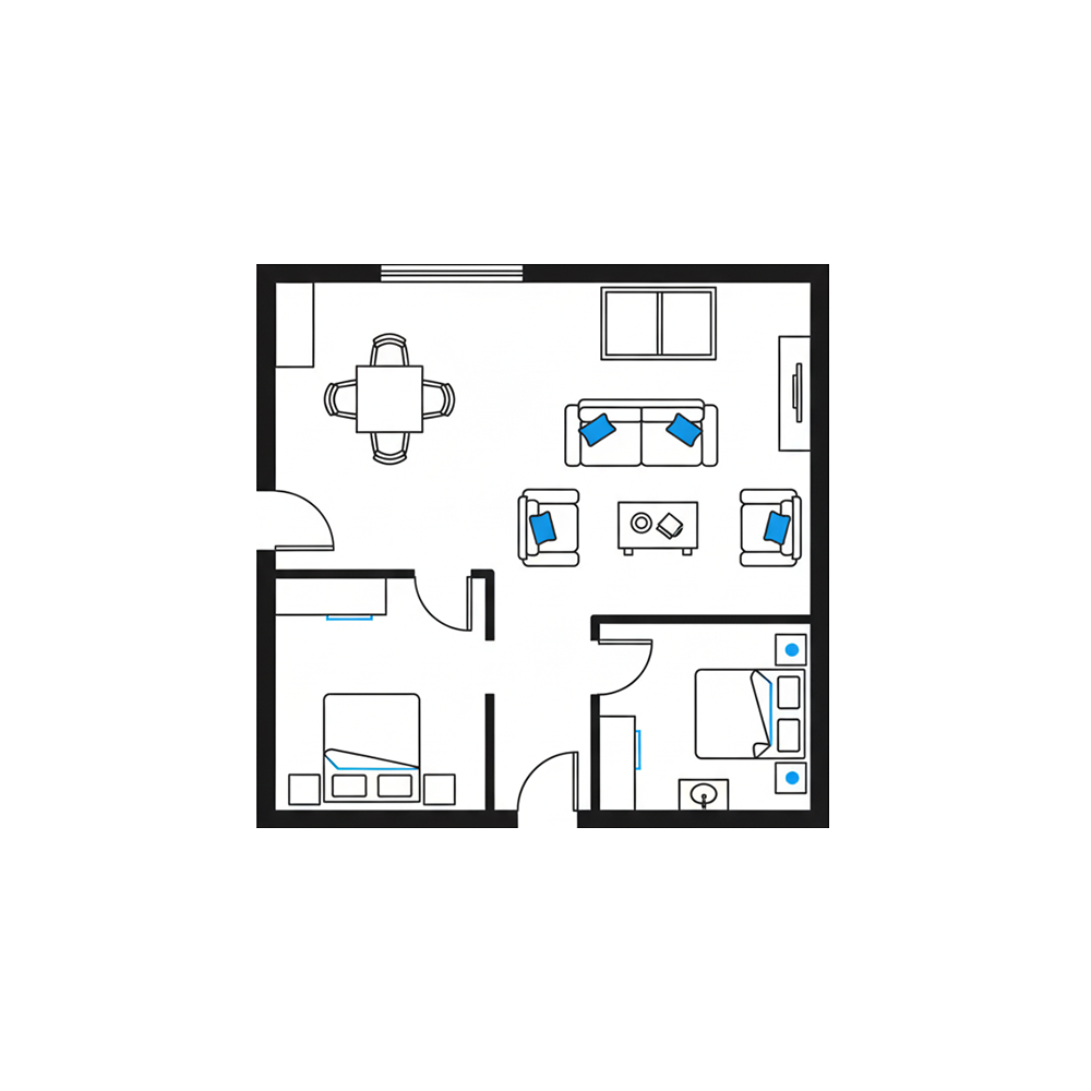 A black-and-white 2D floor plan of a small apartment with two bedrooms, a living room, a dining area, and a bathroom. The rooms contain beds, couches, a TV, and other furniture.