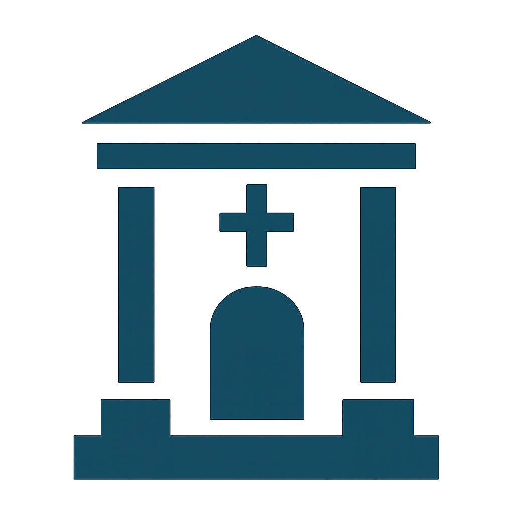 Icon of a hospital building with columns, a cross, and a domed roof.