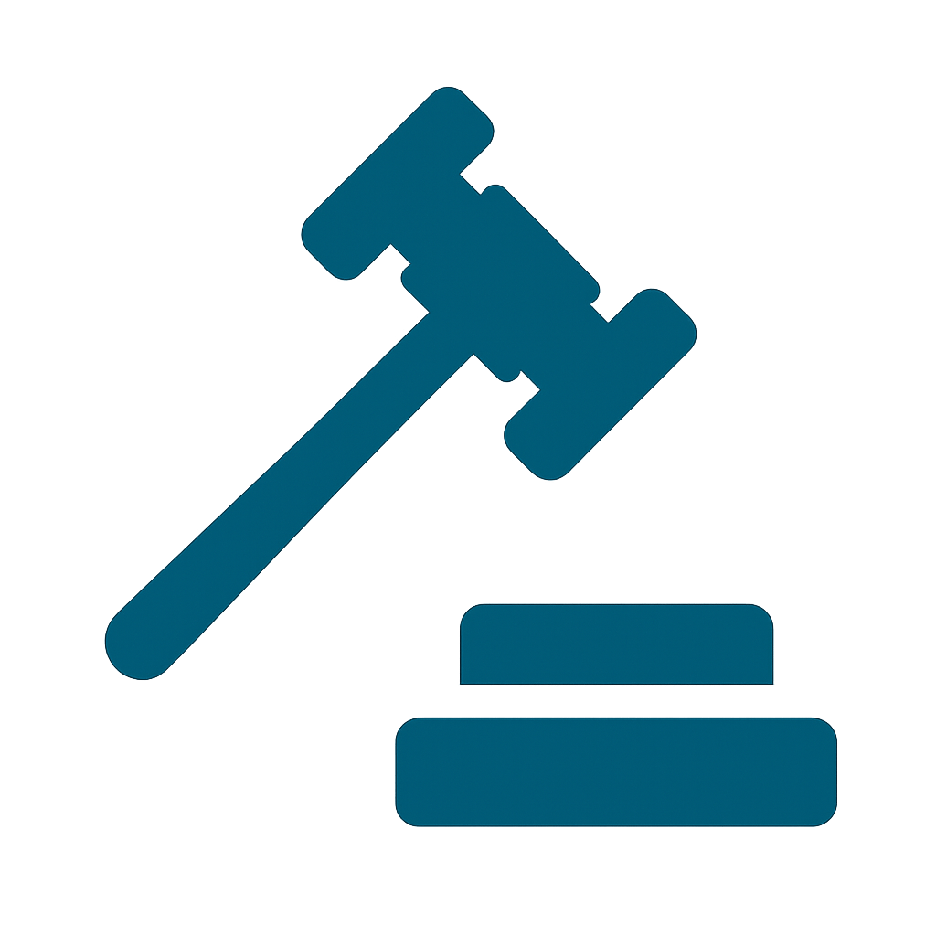 Icon of a gavel hitting a block, representing a legal or judicial decision.