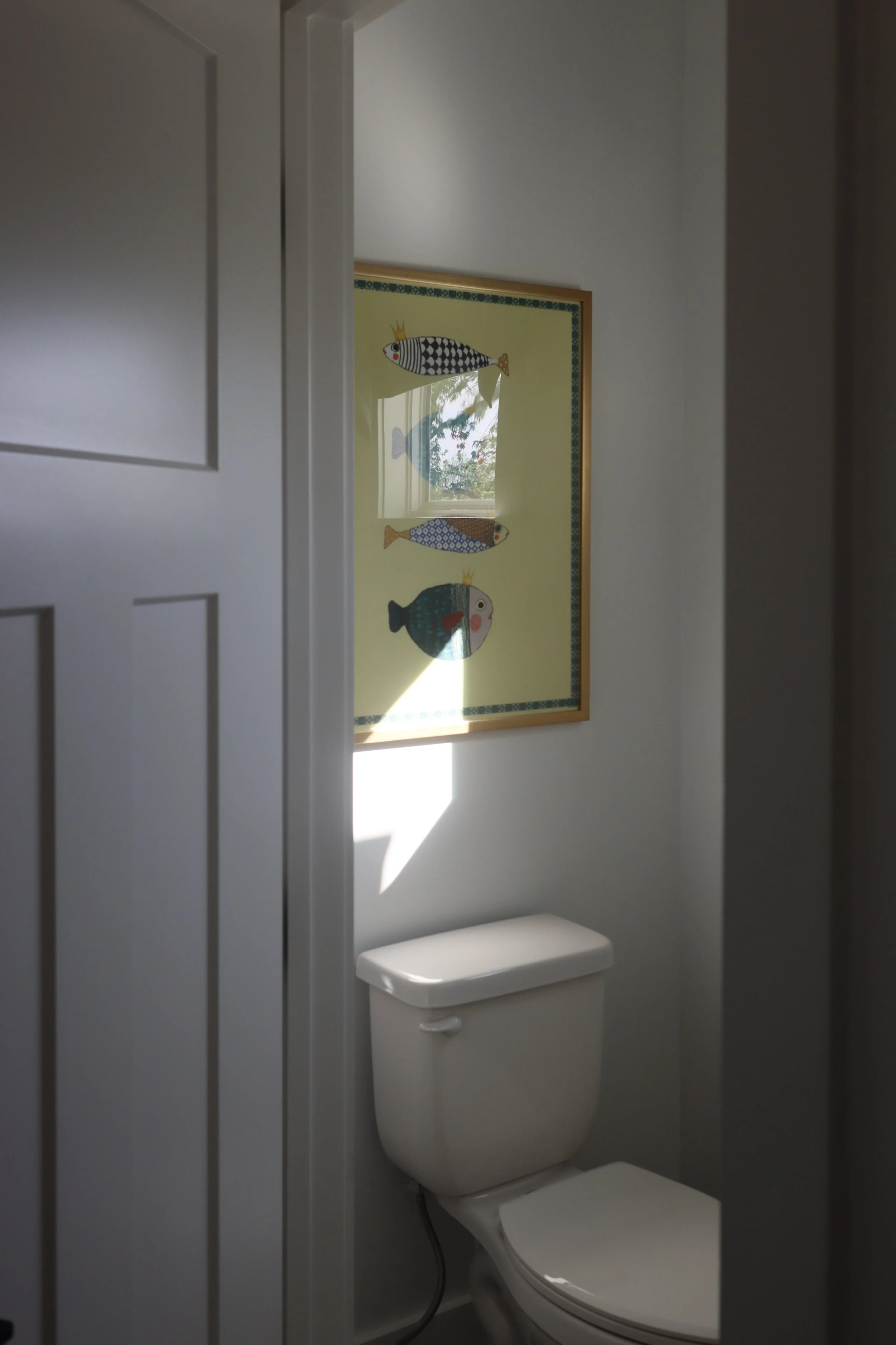 Jack and Jill Bathroom Redesign with Whimsical Eclectic Style - Blue Green and White