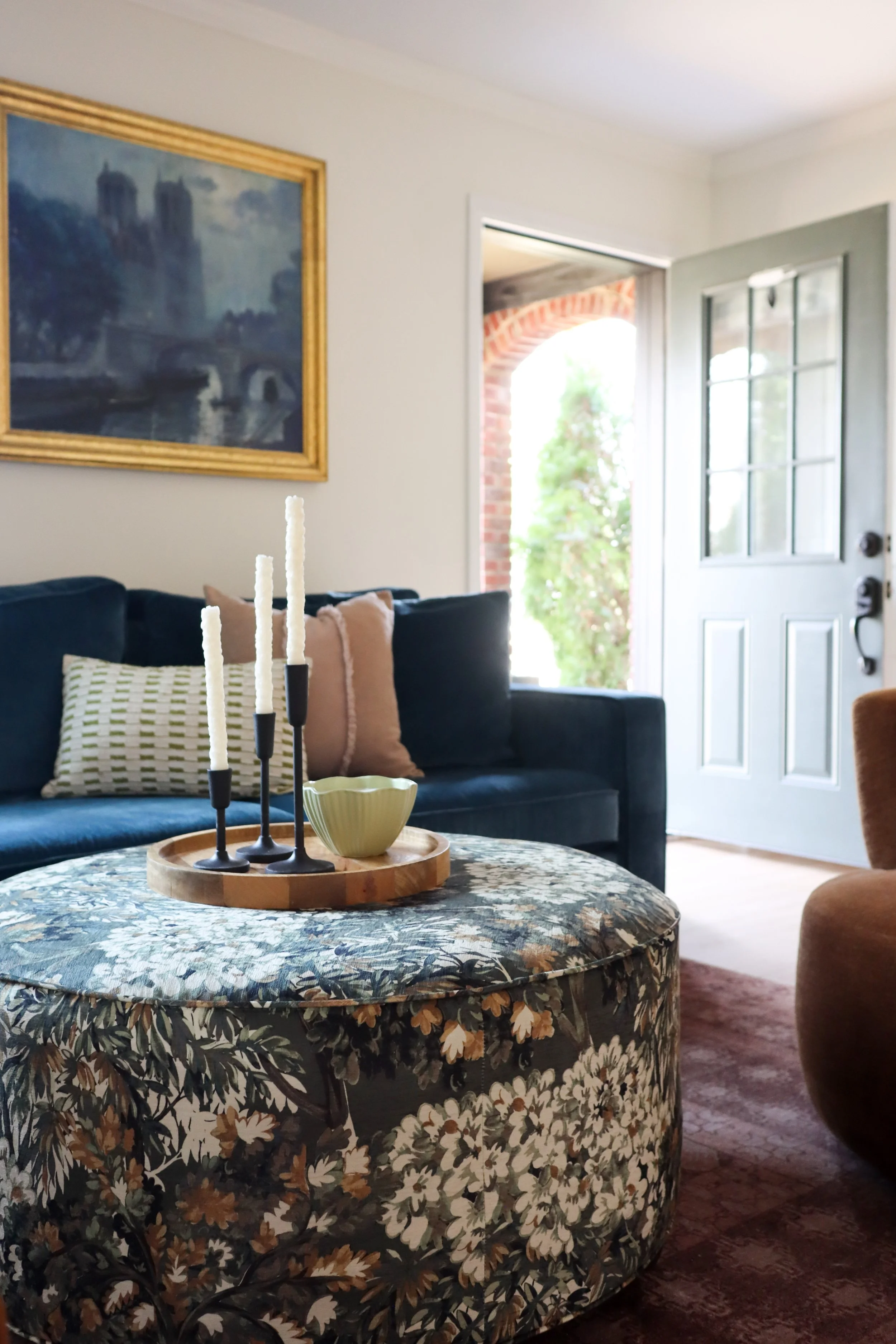 Patterned ottoman living room detail