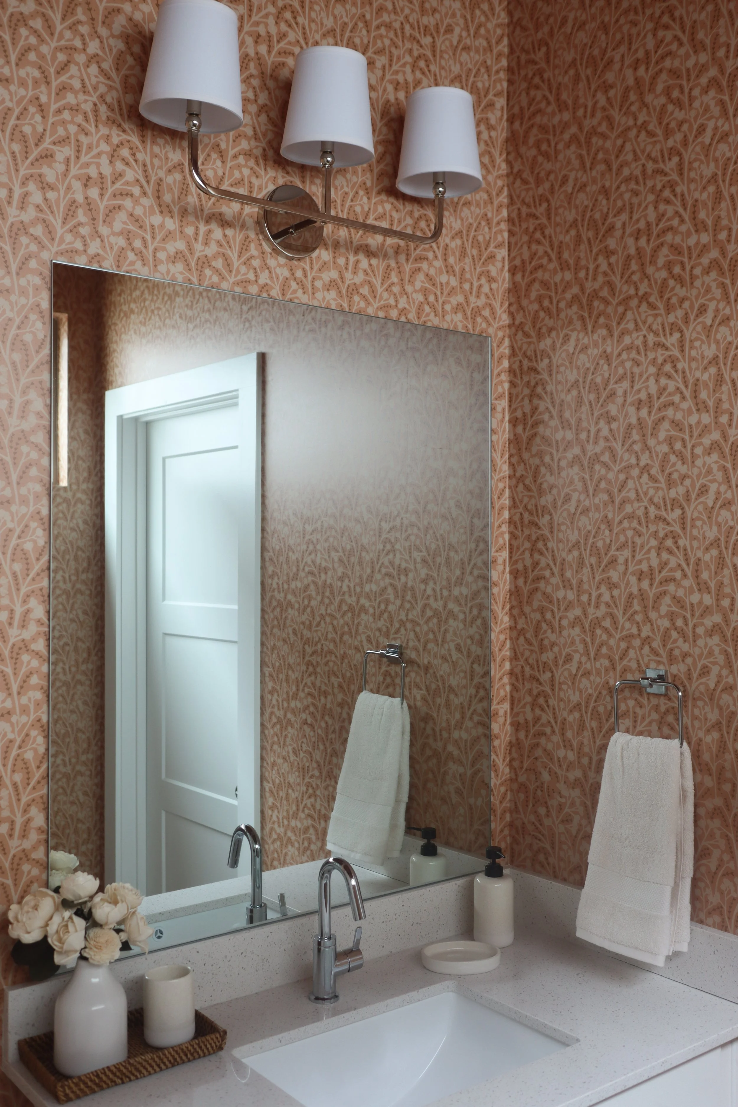 Terra Cotta Wallpapered Guest Bathroom