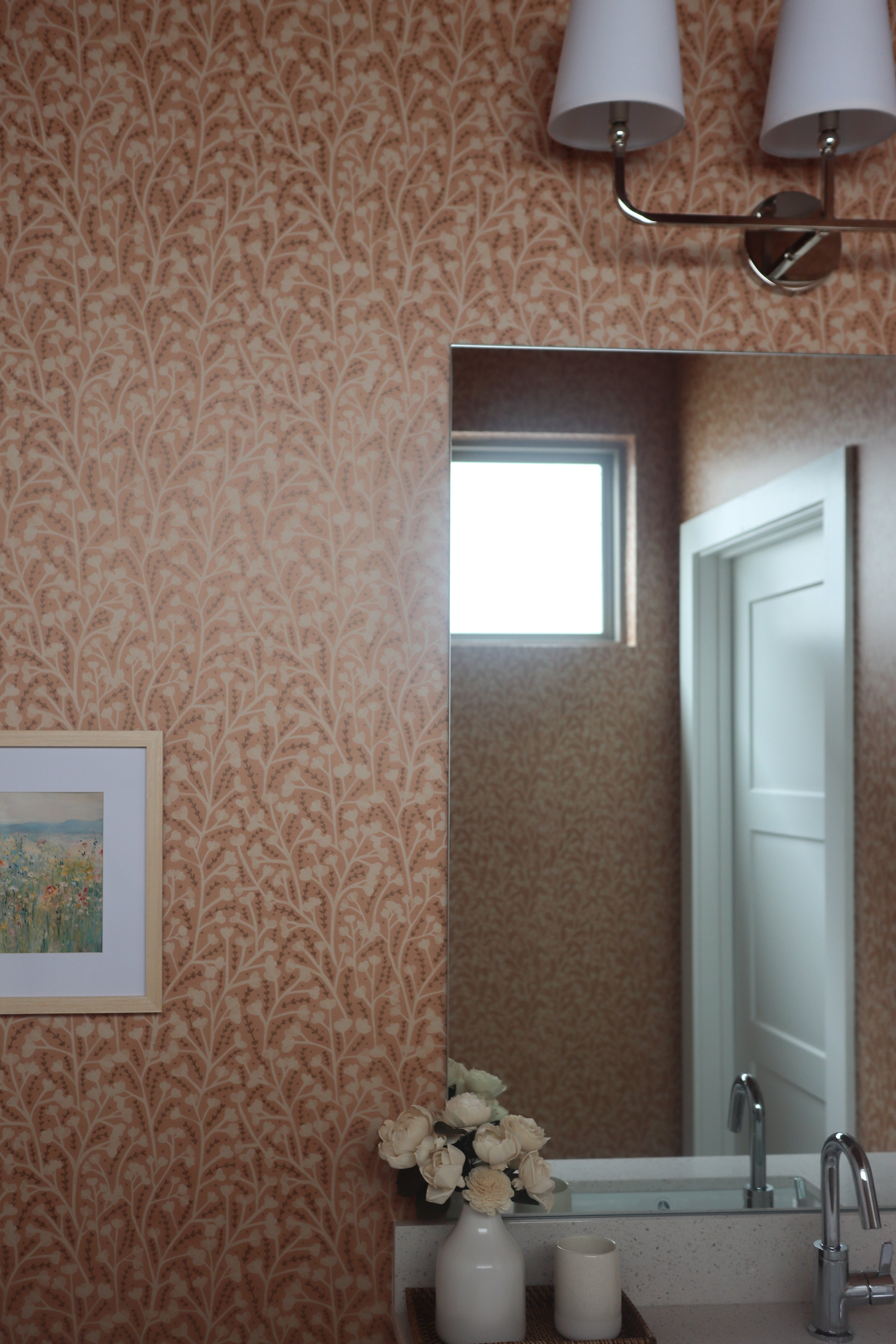 Terra Cotta Wallpapered Guest Bathroom