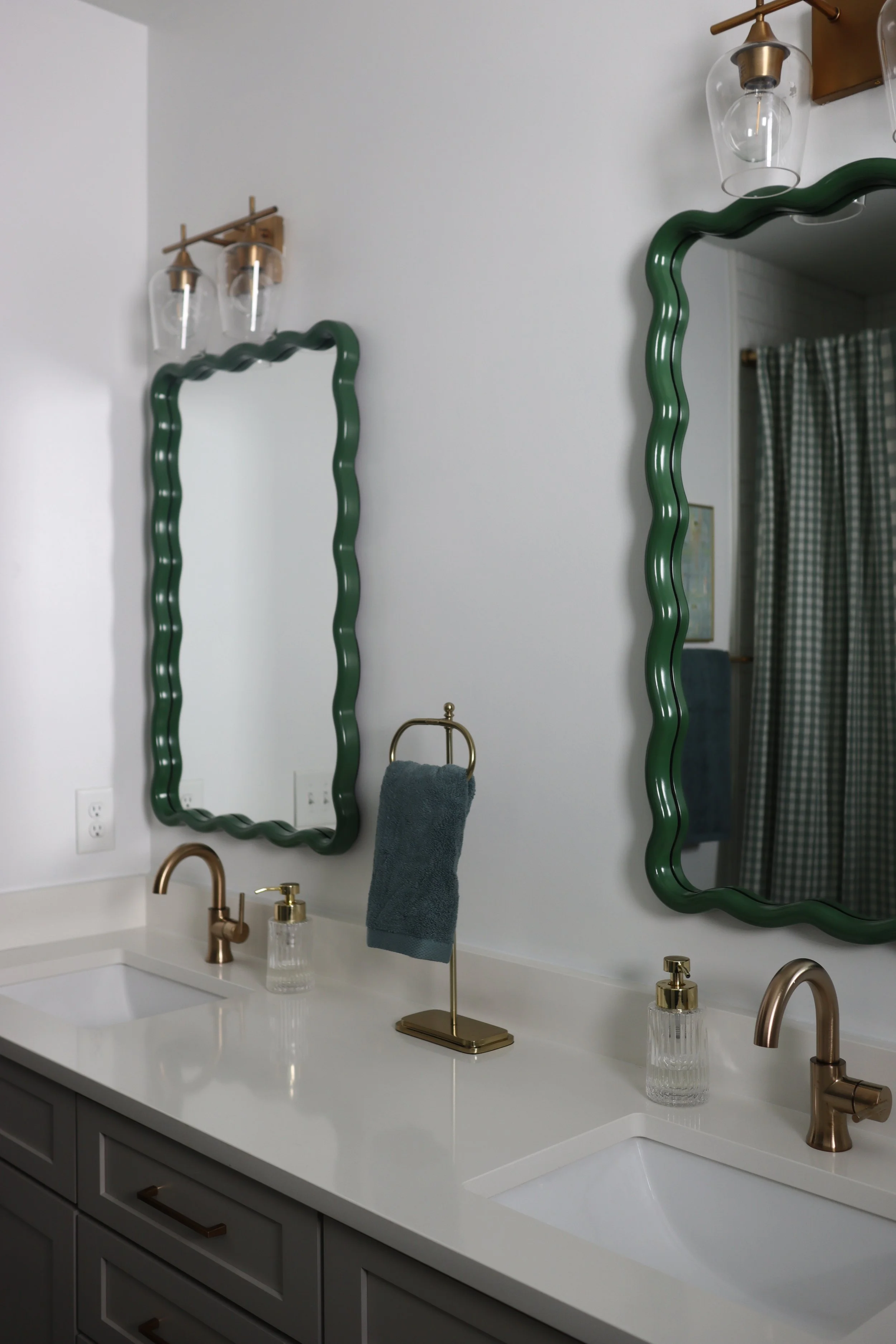 Jack and Jill Bathroom Redesign with Whimsical Eclectic Style - Blue Green and White
