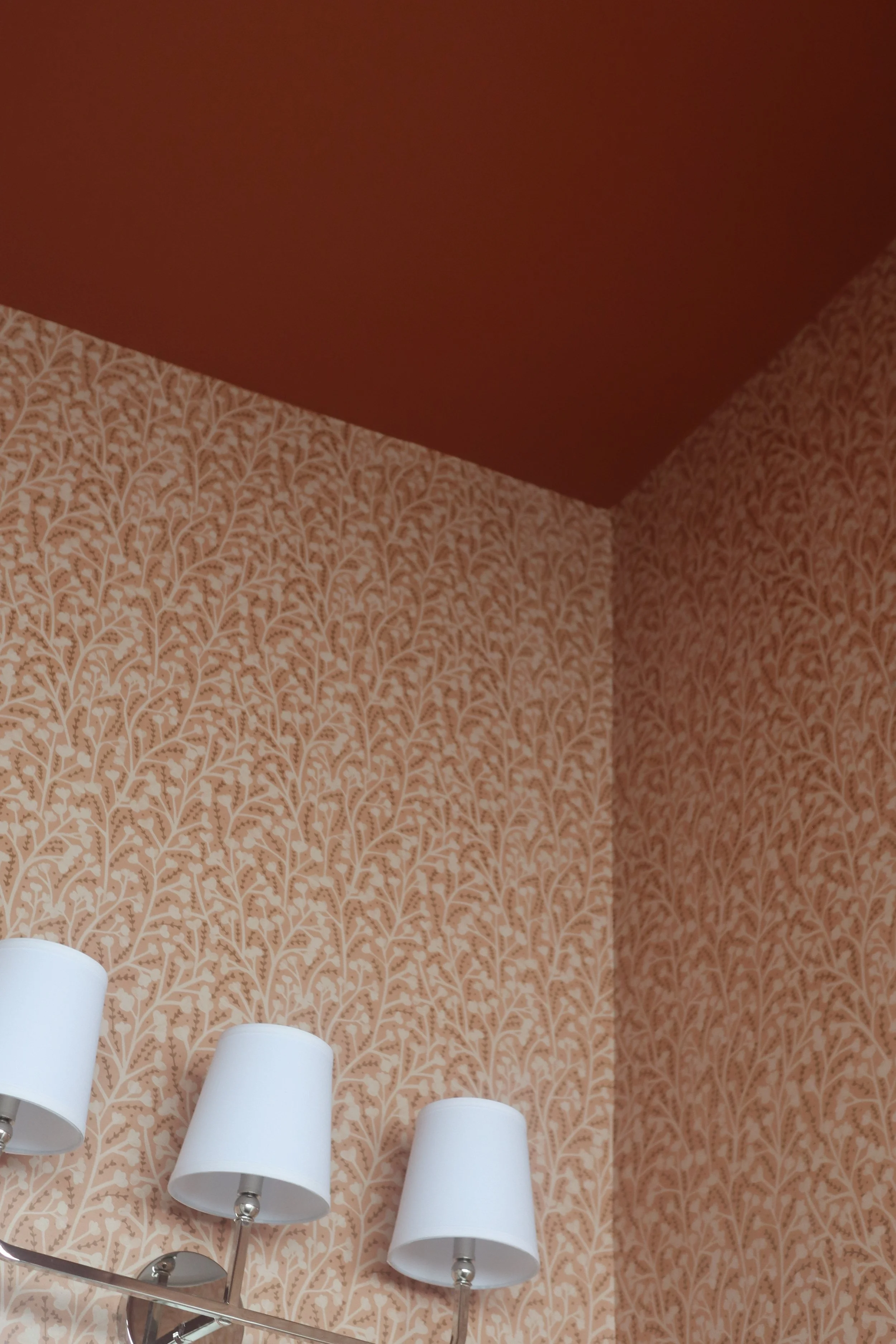 Terra Cotta Wallpapered Guest Bathroom and Shade Vanity Light