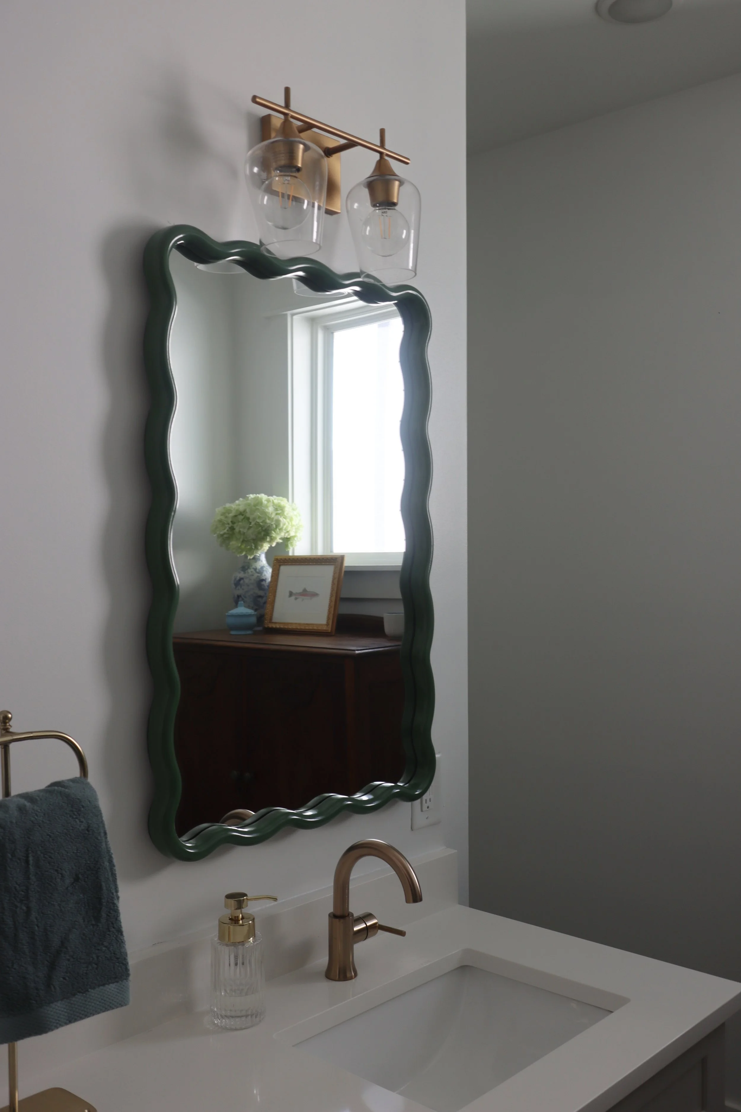 Jack and Jill Bathroom Redesign with Whimsical Eclectic Style - Blue Green and White