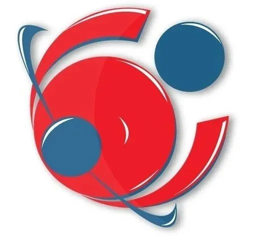 Abstract logo featuring a red stylized number 6 with two blue circles and curved lines.