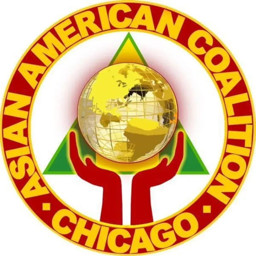 Logo of the African American Coalition of Chicago with a globe held by two red hands in front of a green triangle, with the organization’s name in a circular pattern around it.