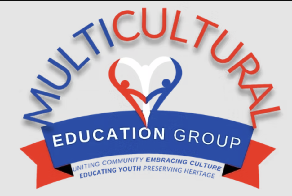 Logo of the Multicultural Education Group featuring a heart symbol made of intertwined human figures in red and blue, with the words "MULTICULTURAL" in red and "EDUCATION GROUP" in white on a blue banner, and a red ribbon at the bottom with the phrases "Uniting community embracing culture," "Educating youth," and "Preserving heritage".