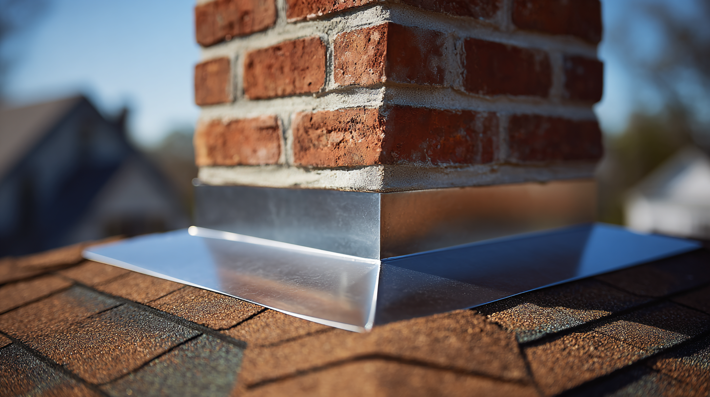 Close-up of a brick chimney with metal flashing on the roof.