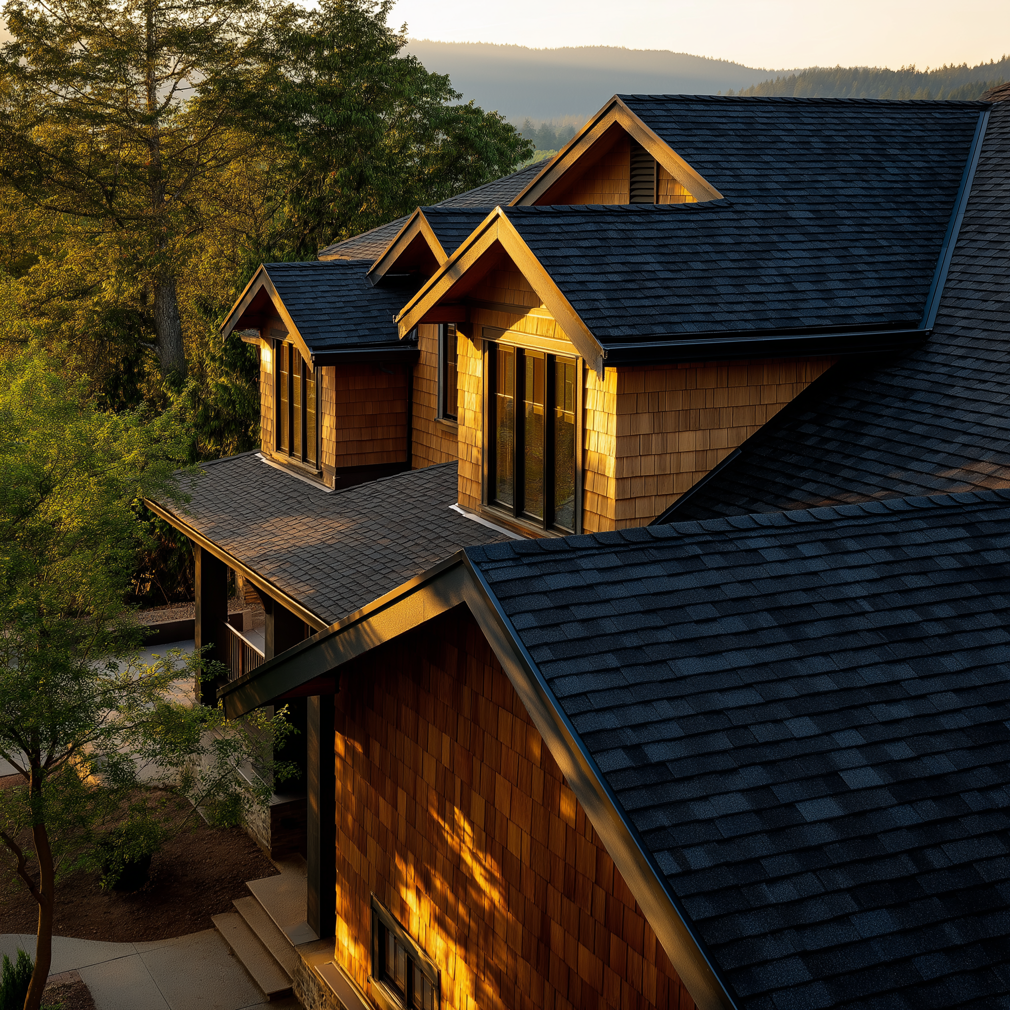 A modern house with wooden shingles and black shingle roof, surrounded by trees and mountains in the background, sunlight reflecting on the walls.