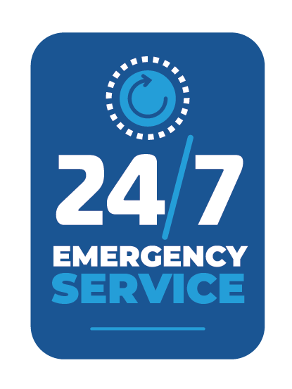 Icon of a clock with arrow, text '24/7 Emergency Service' on a blue background.