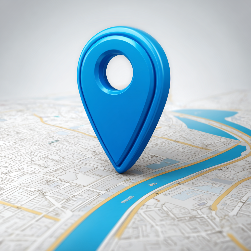Digital 3D map with a large blue location pin marker on a city map.