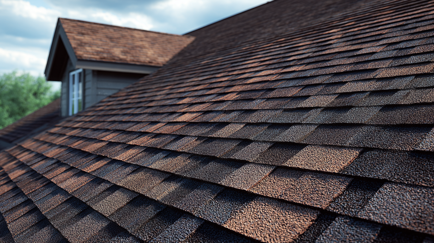 Close-up of a roof with asphalt shingles in shades of brown and black, with a house and cloudy sky in the background.