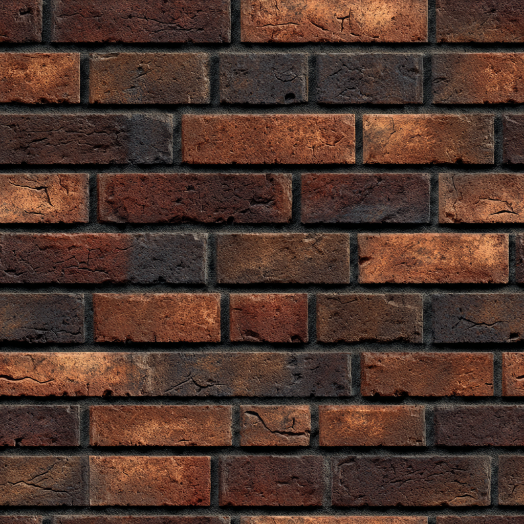 Close-up of a brick wall with red and brown bricks and dark mortar.