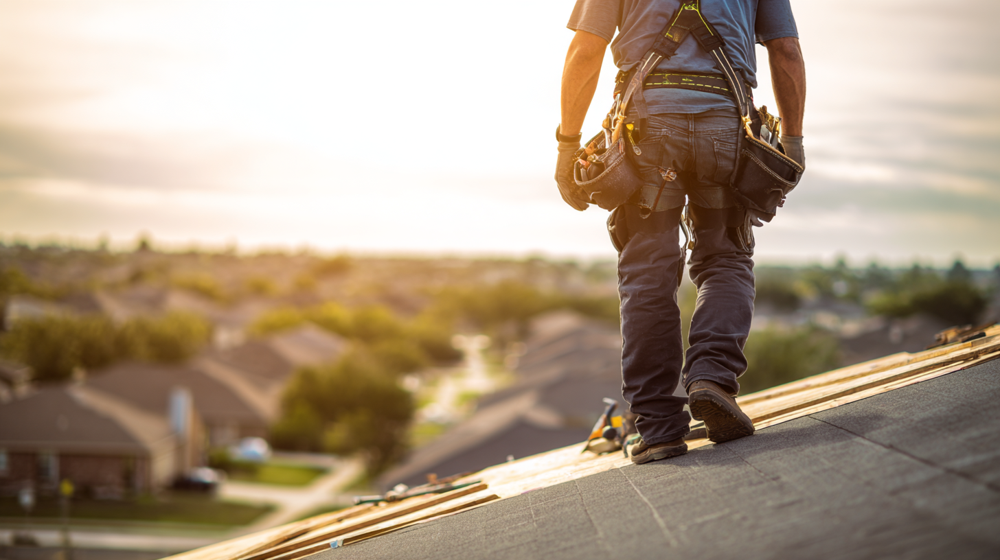 A construction worker standing on a roof during sunset with tools and safety gear.