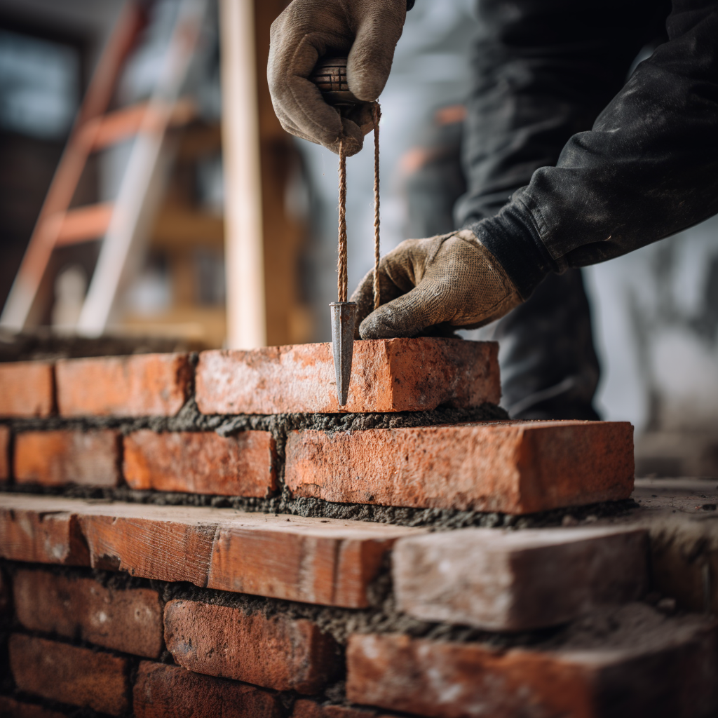 A person wearing gloves laying bricks with mortar for construction.