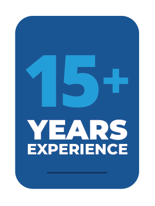 A badge with a blue background displaying '15+ YEARS EXPERIENCE' in large blue and white text.